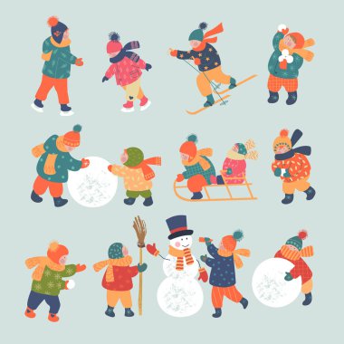 Karlı bir gün. Kış Noel günü manzarası. Çocuklar kayak yapmaya, kayak yapmaya, kar topu oynamaya, kardan adam yapmaya gider. Çocuklar kışın dışarıda oynarlar. Vektör illüstrasyonu, tebrik kartı.
