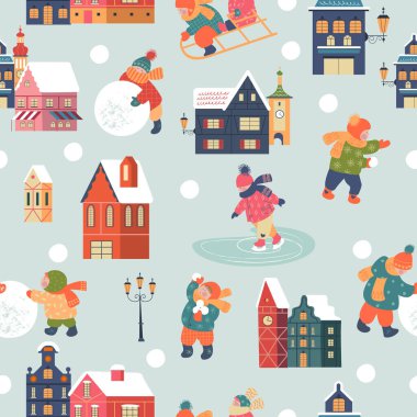 Kusursuz desen. Sıcak Noel kasabasında karlı bir gün. Kış Noel Köyü manzarası. Çocuklar kardan adam yapar, kayağa gider, karda oynarlar. Çocuklar kışın dışarıda oynarlar. Vektör illüstrasyonu, tebrik kartı.