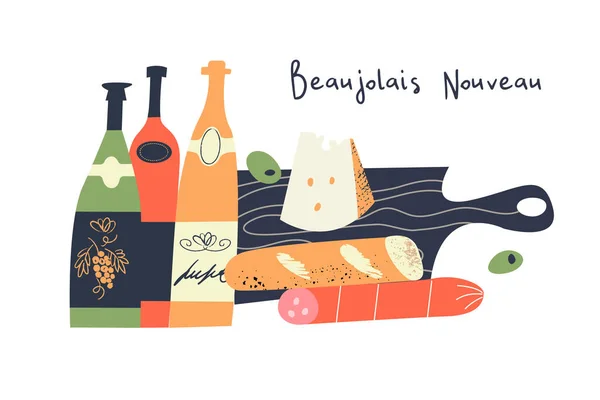 Beaujolais Nouveau Festa Del Vino Nuovo Francia Bottiglie Vino Formaggio — Vettoriale Stock