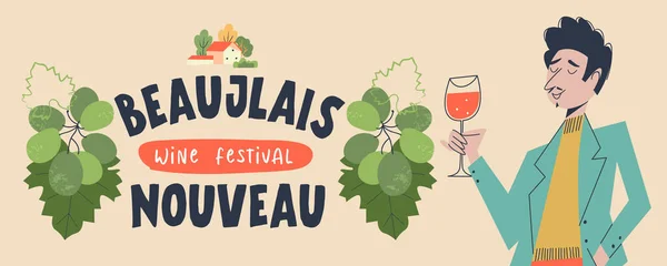 Beaujolais Nouveau Festa Del Vino Nuovo Francia Uomo Con Bicchiere — Vettoriale Stock