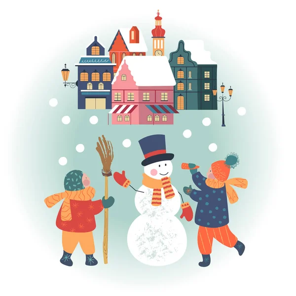 Śnieżny Dzień Przytulnym Miasteczku Bożego Narodzenia Zimowe Boże Narodzenie Wieś — Wektor stockowy