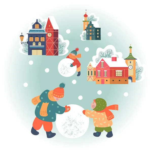 Wintersaison Hintergrund Kinder Charaktere Flache Vektorabbildung Winterliche Aktivitäten Freien Kinder — Stockvektor