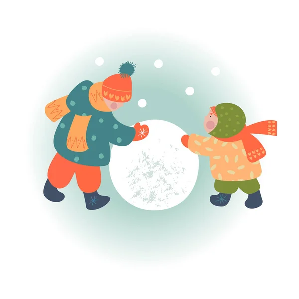 冬天的圣诞节日景 孩子们堆雪人 孩子们冬天在外面玩耍 矢量图解 — 图库矢量图片