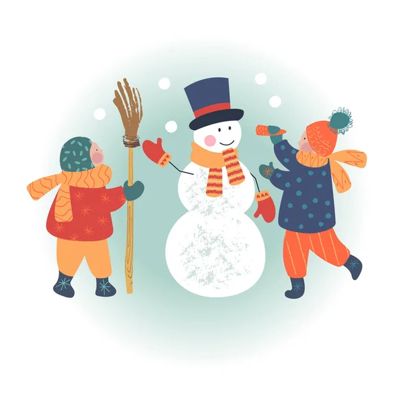 冬天的圣诞节日景 孩子们堆雪人 孩子们冬天在外面玩耍 矢量图解 — 图库矢量图片