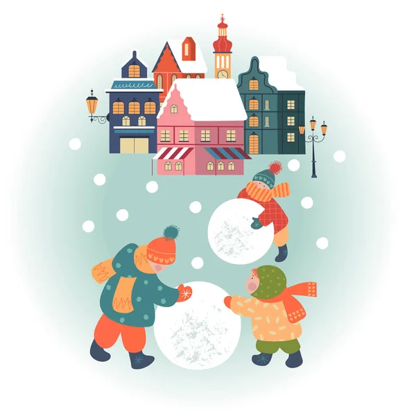 Снежный День Уютном Рождественском Городке Зимний Рождественский Сельский Пейзаж Дети — стоковый вектор