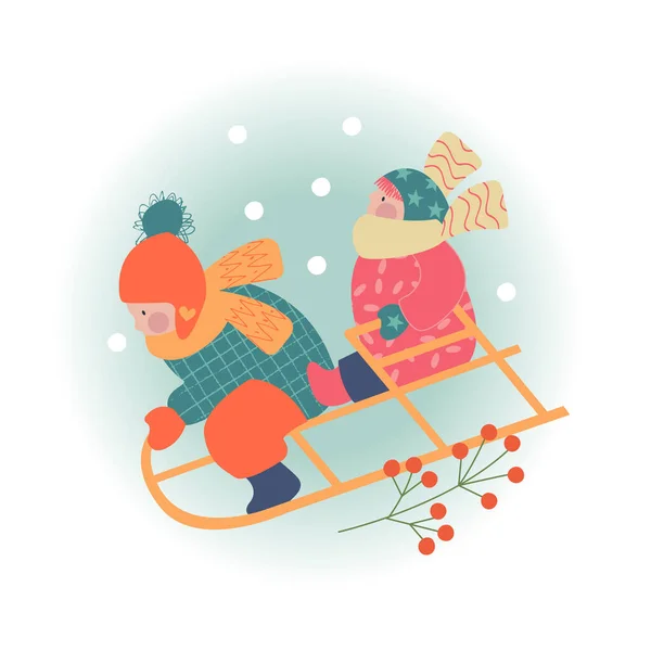 冬天的圣诞节日景 孩子们滑行 孩子们冬天在外面玩耍 矢量图解 问候车 — 图库矢量图片