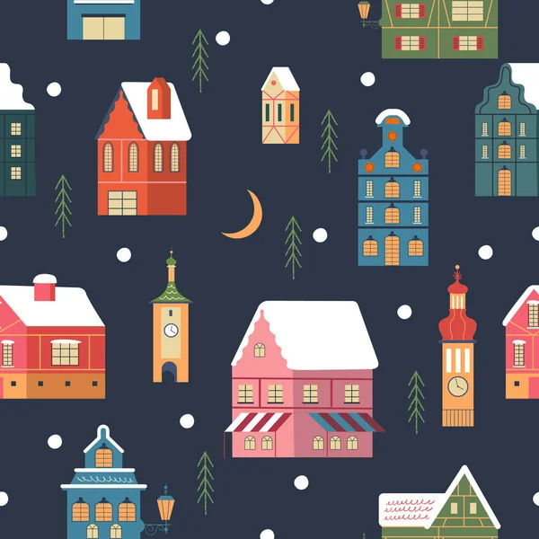 Kusursuz Desen Sıcak Noel Kasabasında Karlı Bir Gece Kış Noel — Stok Vektör