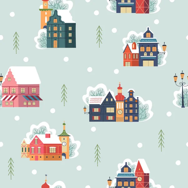 Naadloos Patroon Sneeuwdag Gezellig Kerststadje Winter Kerstdorp Dorpslandschap Met Sneeuw — Stockvector