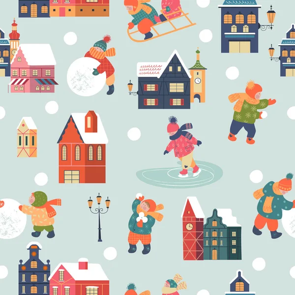 Kusursuz Desen Sıcak Noel Kasabasında Karlı Bir Gün Kış Noel — Stok Vektör