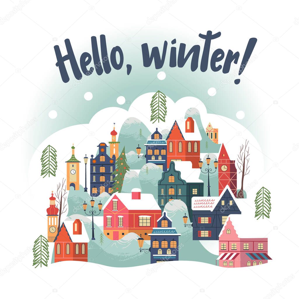 Hello winter. Snowy day in cozy christmas town. Winter christmas village day landscape. Cute snow covered houses, snowdrifts, fir trees. Vector illustration, greeting card.