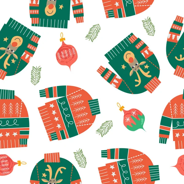 Çirkin Örülmüş Noel Kazakları Noel Topları Beyaz Arka Planda Şenlikli — Stok Vektör