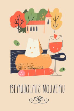 Beaujolais Nouveau, Fransa 'daki genç şarap festivalinin posteri. Tatlı köy manzarası ve geleneksel yemekler. Peynir, salam, baget ve bir bardak kırmızı şarap. Düz biçimli vektör illüstrasyonu