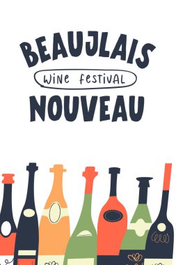 Beaujolais Nouveau, Fransa 'da genç şarap festivali. Renkli şarap şişeleri. Festival için vektör illüstrasyonu.