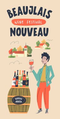 Beaujolais Nouveau, Fransa 'da genç şarap festivali. Güzel bir kırsal alan. Elinde bir bardak kırmızı şarap olan bir adam, üzerinde bir sürü şarap bulunan bir fıçının yanında duruyor. Festival için vektör illüstrasyonu.
