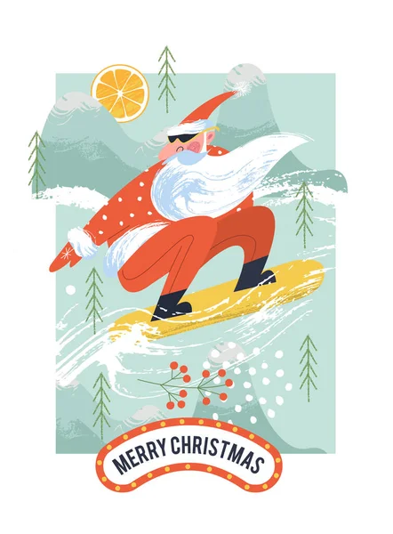 Счастливого Рождества Крутой Санта Сноуборде Мчащийся Горы Рождественская Открытка — стоковый вектор