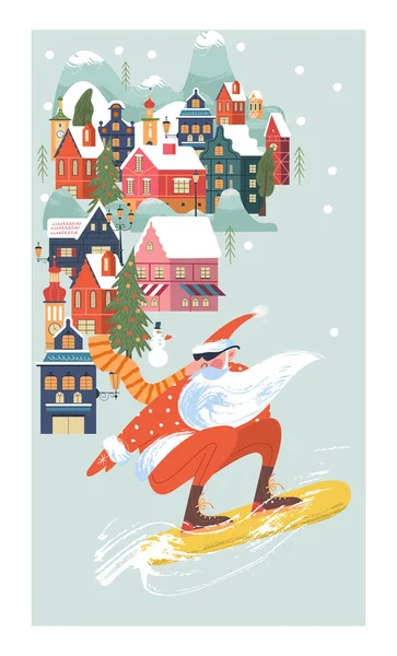 圣诞快乐 凉爽的圣诞老人坐在雪板上飞奔下山 病媒圣诞卡 — 图库矢量图片