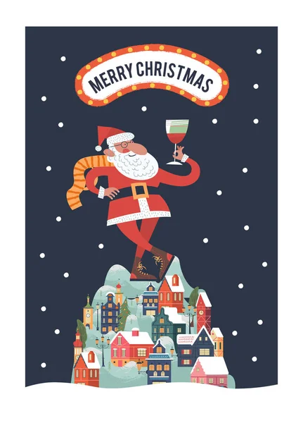 Santa Toasting Wine Glasses Neige Tombe Tranquillement Une Petite Ville — Image vectorielle