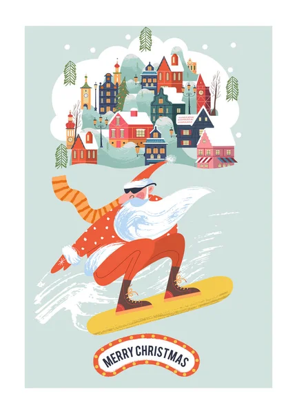 圣诞快乐 凉爽的圣诞老人坐在雪板上飞奔下山 病媒圣诞卡 — 图库矢量图片
