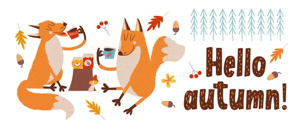 Olá Outono Duas Raposas Bonitas Bebem Chá Dia Outono Ilustração — Vetor de Stock