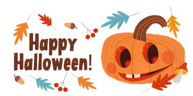 Mutlu Cadılar Bayramı. Komik ve korkutucu balkabakları. Vektör tatil illüstrasyonu, tebrik kartı. Beyaz arkaplanda.