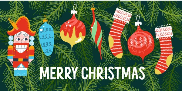Joyeux Noël Des Jouets Noël Sont Accrochés Sapin Boules Noël — Image vectorielle