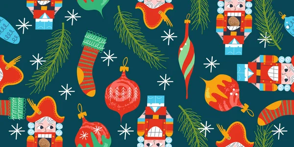 Modèle Magique Noël Sans Couture Sapin Noël Est Décoré Jouets — Image vectorielle