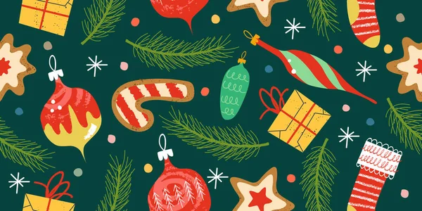 마법같은 크리스마스 패턴이야 크리스마스 트리는 빈티지 장난감 크리스마스 선물로 장식되어 — 스톡 벡터
