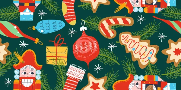 Patrón Mágico Navidad Sin Costuras Árbol Navidad Está Decorado Con — Vector de stock
