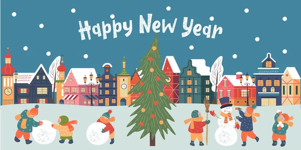 Kusursuz desen. Kış sezonu çocuk karakterleri. Düz vektör çizimi. Kışın açık hava aktiviteleri. Çocuklar kardan adam yapar ve kartopu oynarlar. Çocuklar eğlenin.. 