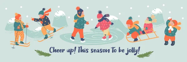 Verschneiter Tag Winterliche Weihnachtslandschaft Die Kinder Fahren Rodeln Skifahren Schlittschuhlaufen — Stockvektor