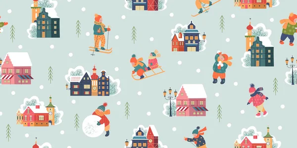 Kusursuz Desen Kış Sezonu Çocuk Karakterleri Düz Vektör Çizimi Kışın — Stok Vektör