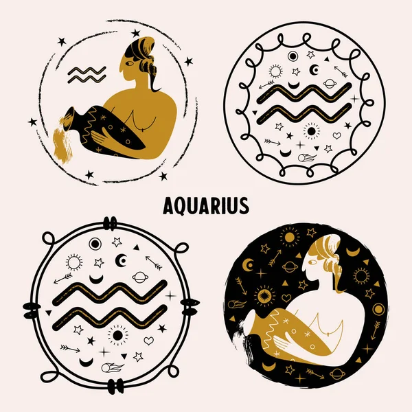 Horoscope Astrology Zodiac Sign Aquarius Woman Vase Aquarius Woman Set — Stock Vector