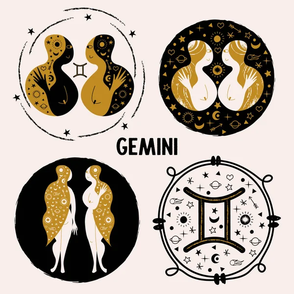 Géminis Signo Del Zodíaco Dos Chicas Son Gemelas Conjunto Icono — Vector de stock