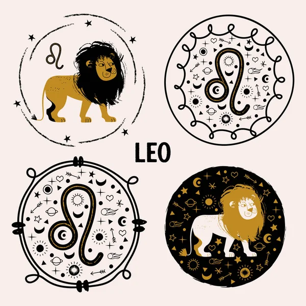 Signo Del Zodiaco Leo Constelación Leo Conjunto Emblemas Vectoriales Redondos — Vector de stock