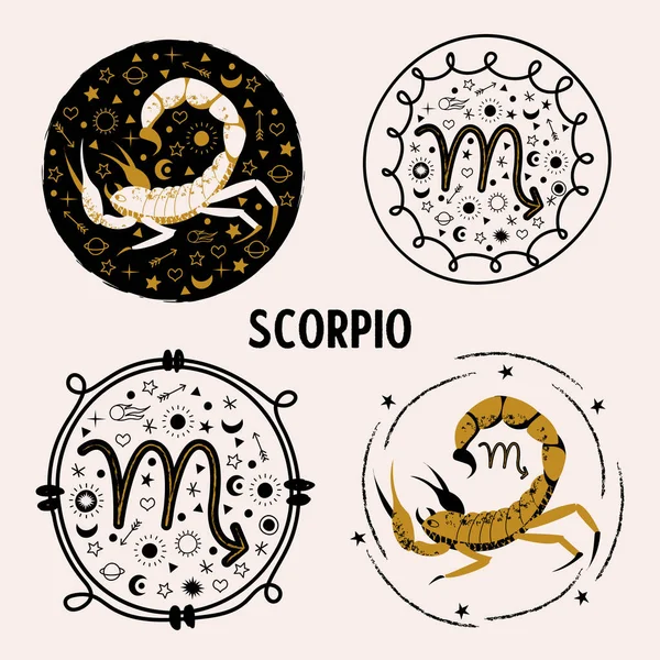 Scorpion Constellation Scorpion Ensemble Emblèmes Ronds Illustration Vectorielle Sur Fond — Image vectorielle