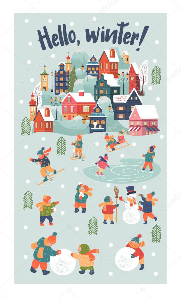 Winter season background kids characters. Flat vector illustration. Winter outdoor activities. Children go sledding, skating and skiing. Children make a snowman and play snowballs. Children  have fun. 