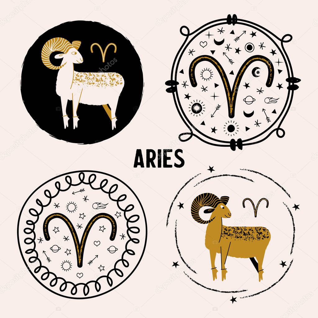 Aries zodiac sign. Set of round emblems with Aries. Vector illustration in a flat style.