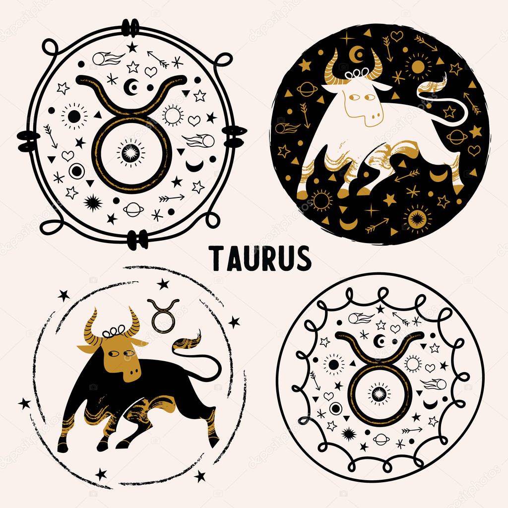 Taurus is a sign of the zodiac. Horoscope and astrology. Round vector emblem.