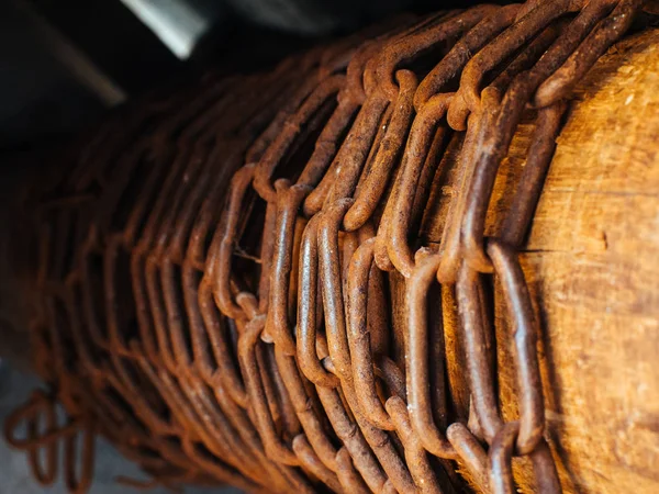 Ancien Puits Bois Avec Une Chaîne Vue Macro Vieux Treuil — Photo