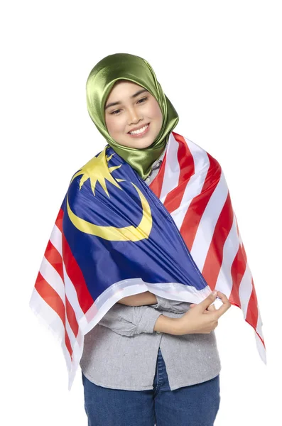 Junge Und Hübsche Frau Mit Malaysischer Flagge Auf Weißem Hintergrund — Stockfoto