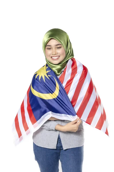 Jovem Bonita Mulher Com Bandeira Malaia Isolada Fundo Branco — Fotografia de Stock