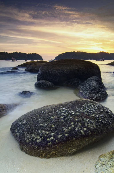 Paisaje Tropical Idílico Durante Fondo Dorado Del Atardecer Ola Suave — Foto de Stock