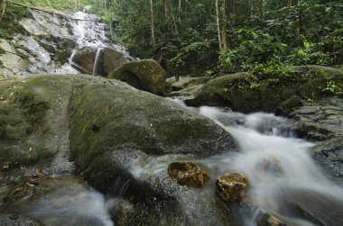 güzel doğa Kanching şelale içinde Malaysia, şaşırtıcı basamaklı tropik şelale yer. ıslak ve yosunlu rock, yeşil yağmur ormanıyla çevrili