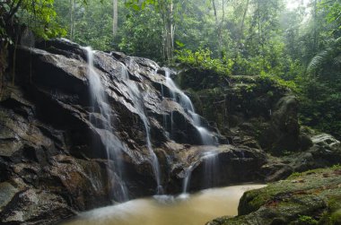 bulanık ve seçici odak resim yeşil orman güneş ışığı etkisi ile. dağdan aşağı düşen güzel tropik şelale. Yeşil yosunlu kayanın üzerinde
