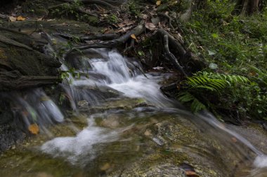 güzel doğa Kanching şelale, basamaklı su akışı bulunan içinde Malaysia, ıslak ve yosunlu rock, yeşil yağmur ormanıyla çevrili