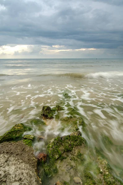 Güzel Beyaz Yumuşak Dalga Akış Rock Yosunlu Shore Dramatic Kara — Stok fotoğraf