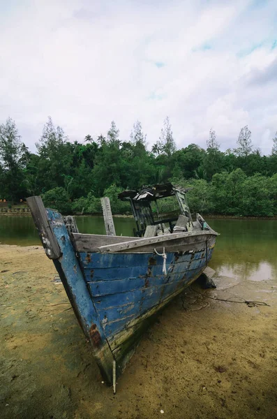 Kumsalda karaya ahşap gemi enkazı. bulutlu gökyüzü ve yeşil ağaç arka plan