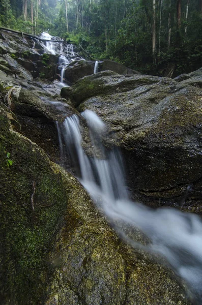 Hermosa Naturaleza Increíble Cascada Tropical Cascada Roca Húmeda Musgosa Rodeada — Foto de Stock