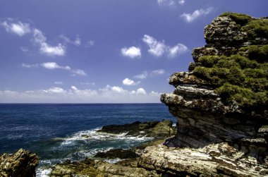 Rock şaşırtıcı doku ile okyanusa bakan yeşil schrubs ile kaplı. Dalga kıyıya ve mavi gökyüzü arka plan isabet.