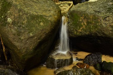 Doğada, tropikal nehir basamaklı güzel ıslak ve yosunlu rock, yeşil yağmur ormanıyla çevrili